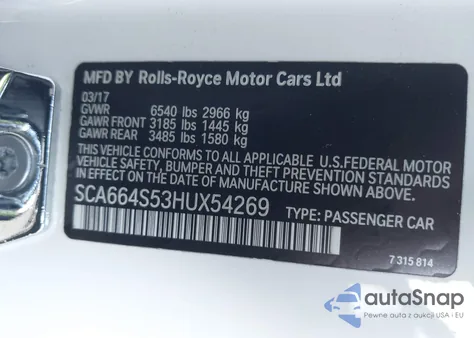 2017 Rolls-Royce Ghost z USA, uszkodzony, nr VIN SCA664S53HUX54269